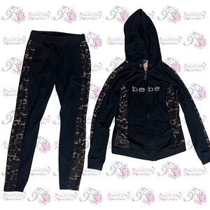 Bebe set 2 piece sweater and pants bling rhinestone diamonds black tan lace